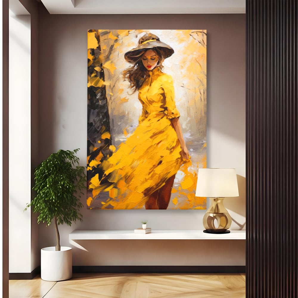 Tablou canvas cu tablou canvas cu femeie in galben, fara rama, pe sasiu de lemn
